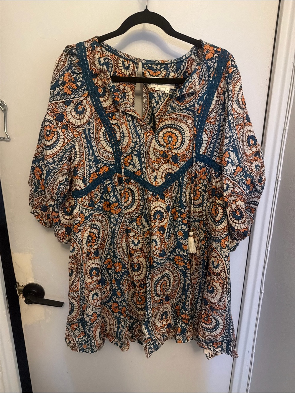 Anthropologie Teal and Orange Paisley Long Sleeve Tunic